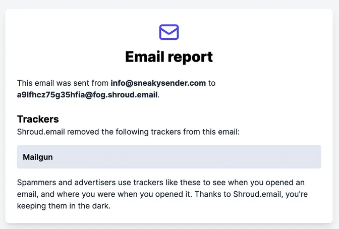 The Shroud.email privacy report showing one blocked tracker in an email