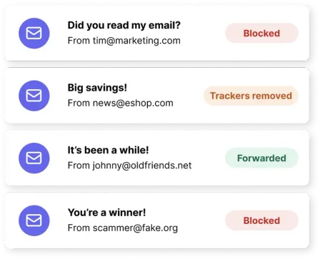 A list of incoming emails, each labelled as blocked, trackers removed, or forwarded