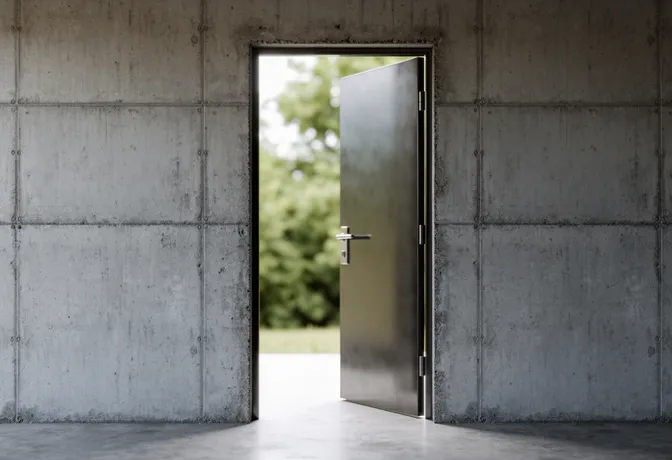 A dark door standing ajar, letting daylight into a shaded room