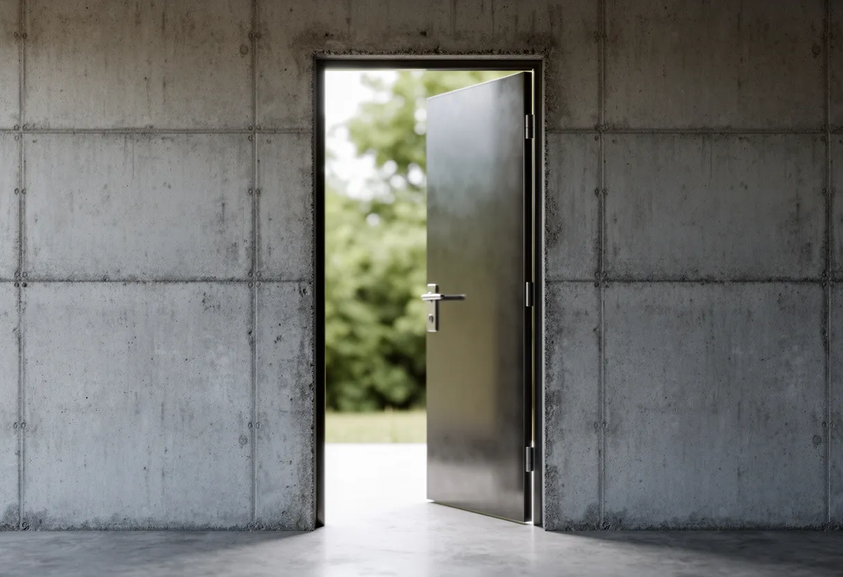 A dark door standing ajar, letting daylight into a shaded room