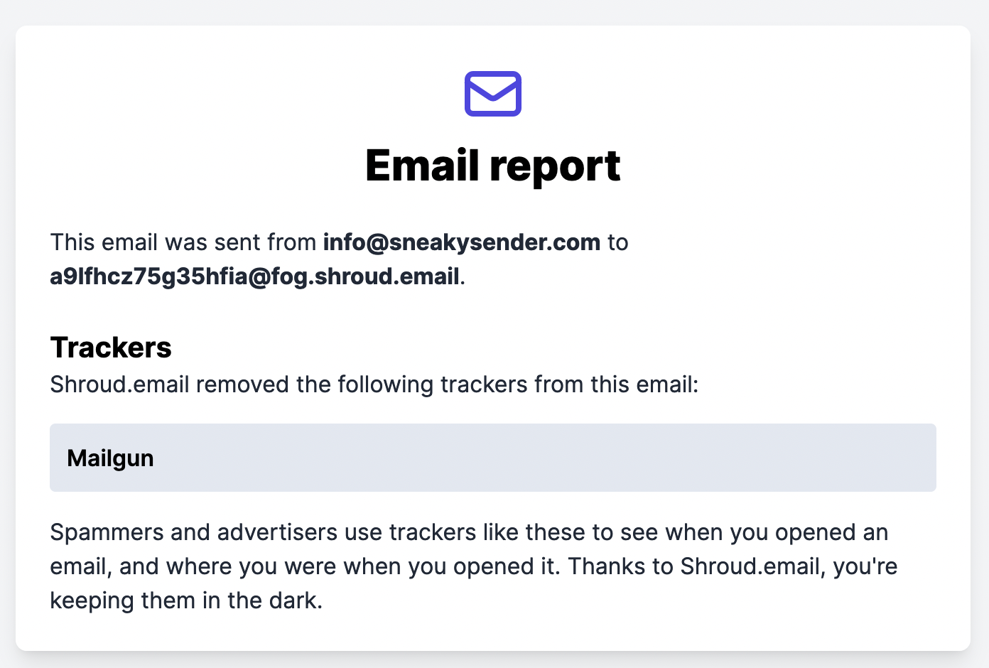 The Shroud.email privacy report showing one blocked tracker in an email
