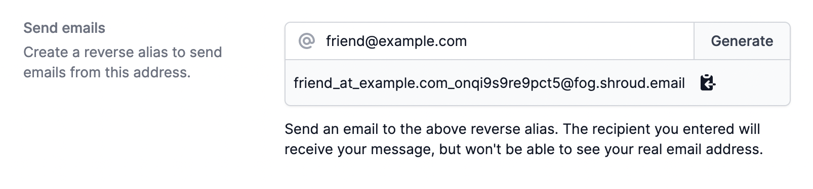 Screenshot of the Shroud.email UI to generate a reverse alias