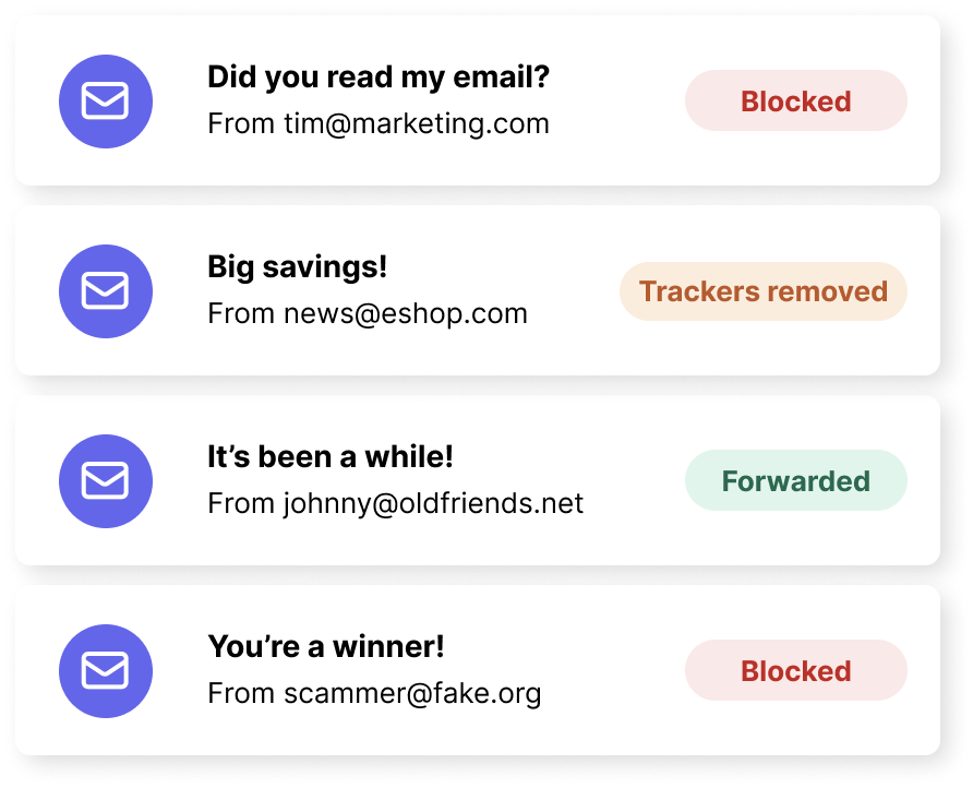 a list of emails marked as 'blocked', 'trackers removed', or 'forwarded'