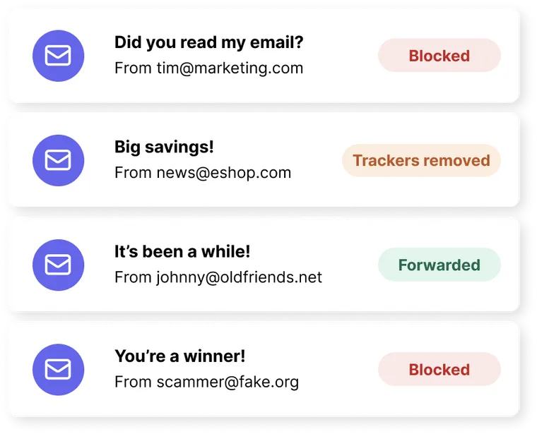 A list of incoming emails, each labelled as blocked, trackers removed, or forwarded